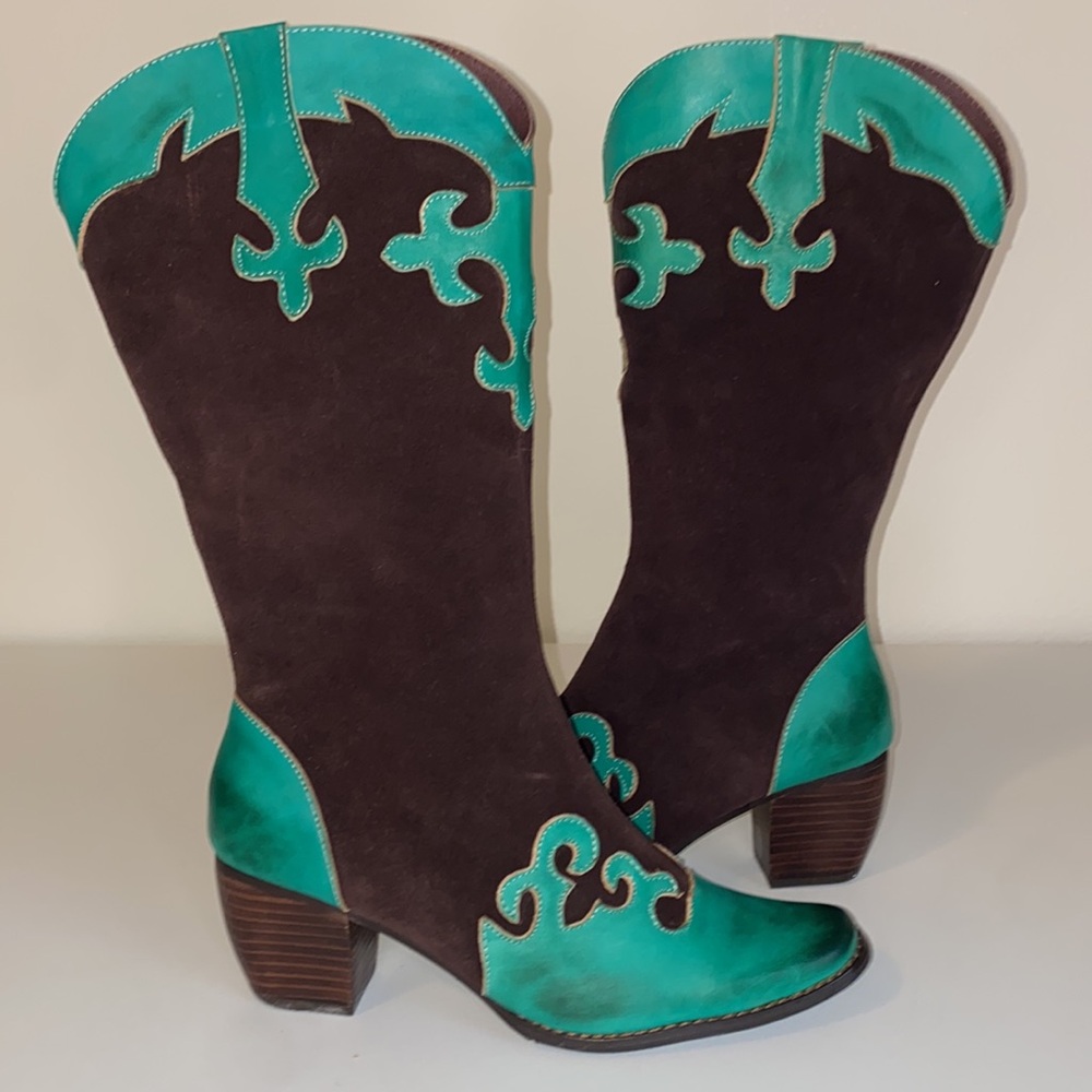 Corkys Elite Western boots women’s size 6 chocolate brown suede green leather